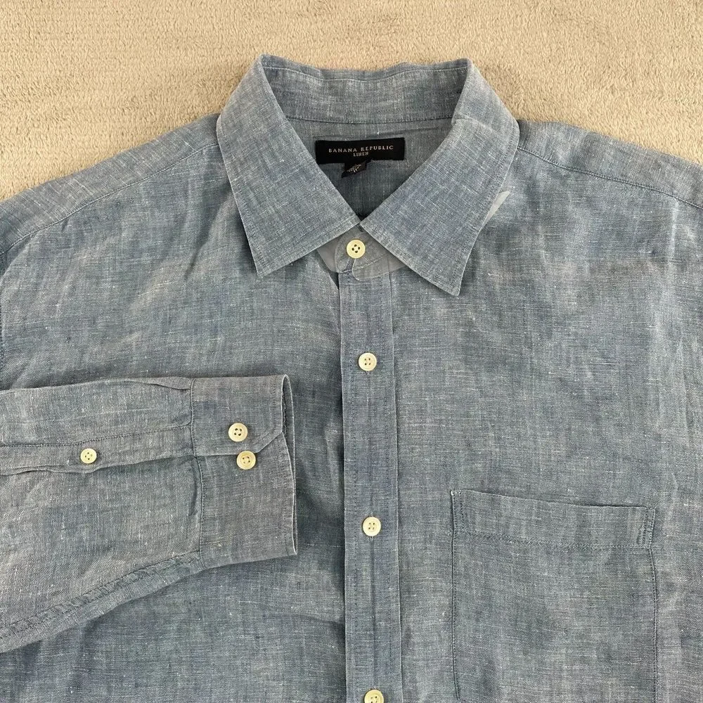 Banana Republic Shirt Men XL Blue 100% Linen Chambray‎ Long Sleeve Preppy